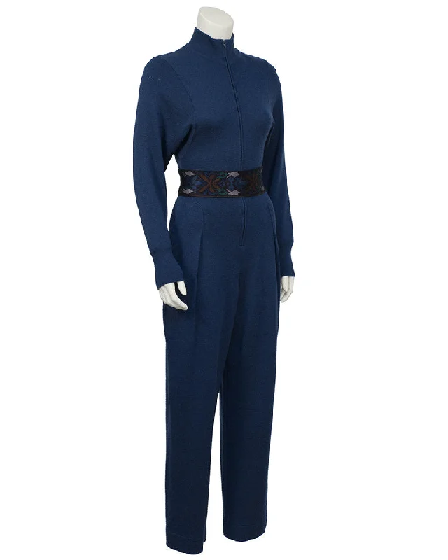 women's jumpsuits for stylish and functional fashionBlue Knit Jumpsuit with Belt/Headband