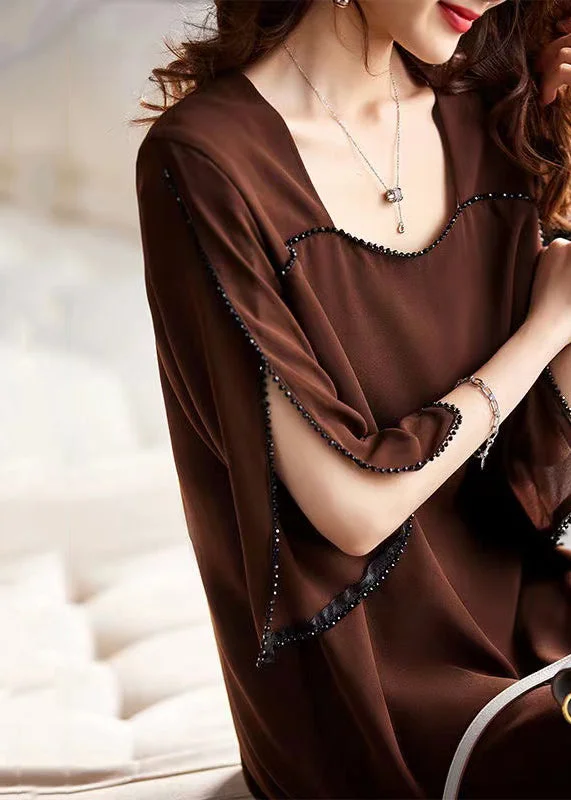 midi dresses without sleevesBoutique Coffee Patchwork Nail Bead Chiffon Mid Dresses Long Sleeve