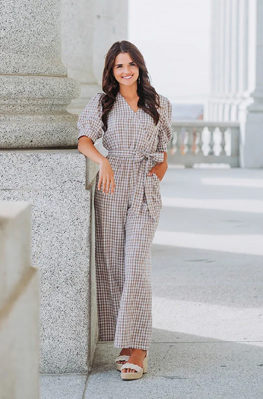 women's jumpsuits with off-the-shoulder sleevesInverness Nutmeg Gingham Jumpsuit - DM Exclusive - Nursing Friendly - FINAL SALE