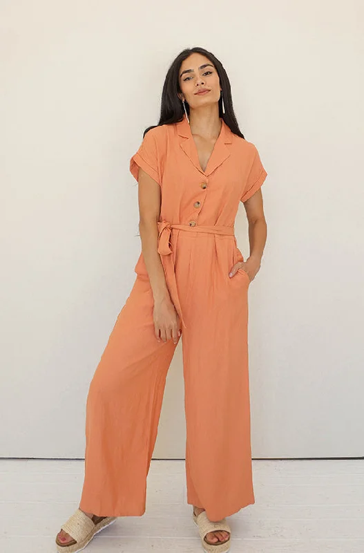 women's jumpsuits with V-necksCecilia Tangerine Jumpsuit - Nursing Friendly - FINAL FEW- FINAL SALE