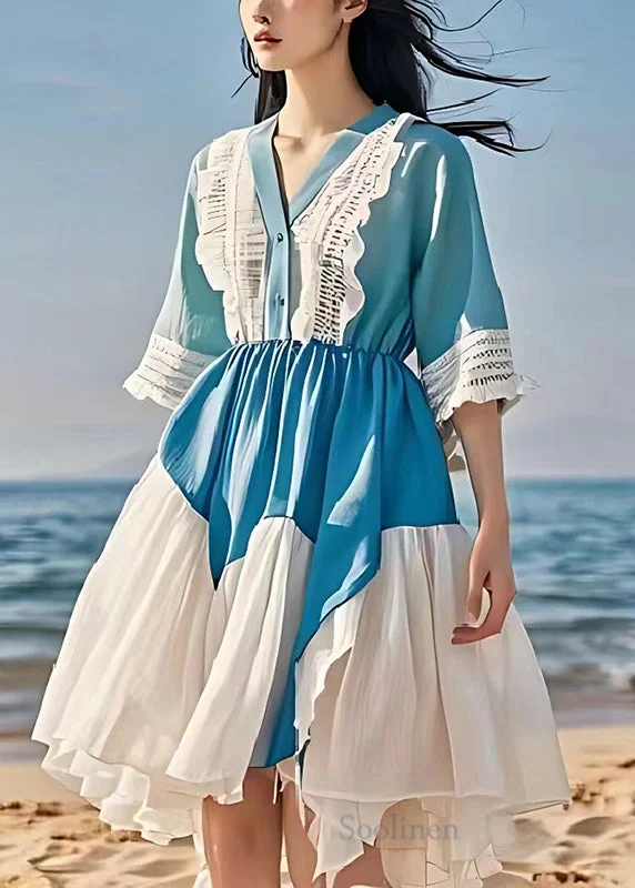 body-hugging midi dressesDiy Sea Blue V Neck Patchwork Lace Linen Mid Dress Summer