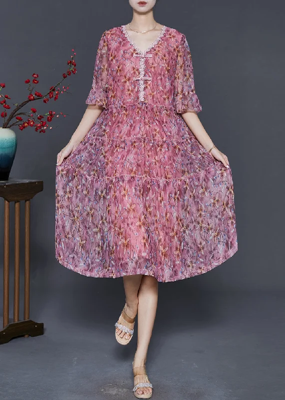 high-low midi dressesPink Print Chiffon Mid Dress Chinese Button Summer