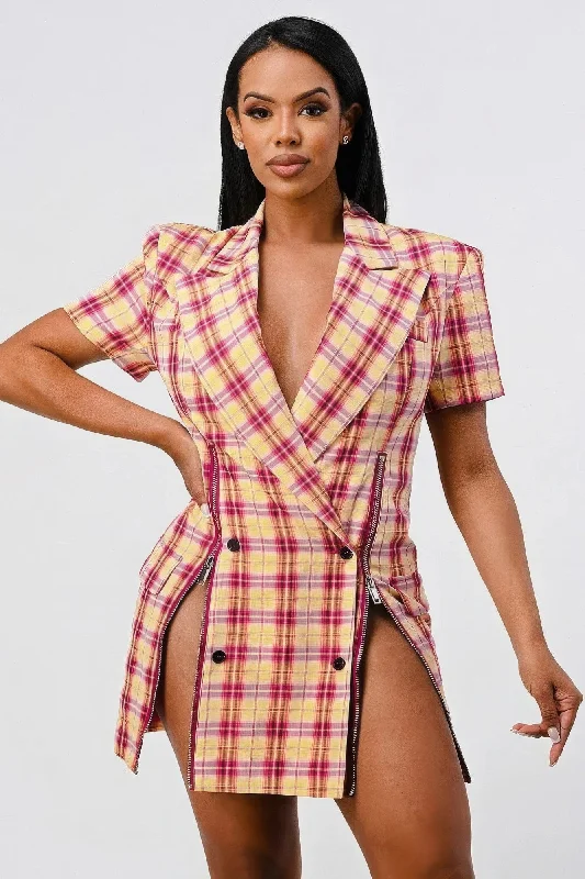 petite Mimi dresses for short womenWide Collared Double Breasted Plaid Blazer Mini Dress