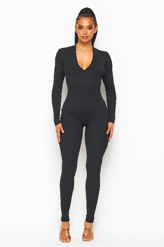 women's jumpsuits with zippersKoko Long Sleeve V Neck Basic Knit Rib Jumpsuit