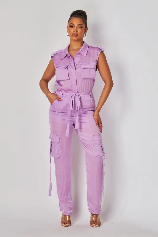 women's dressy jumpsuitsVioletta Sleeveless Satin Cargo Pocket Jumpsuit