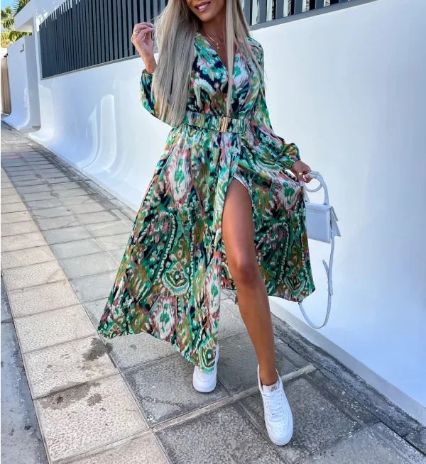 printed midi dressesGracie Green Multi Aztec Print Belted Midaxi Dress