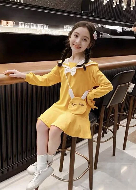 midi pencil dressesElegant Yellow O-Neck Patchwork Girls A Line Mid Dress Long Sleeve