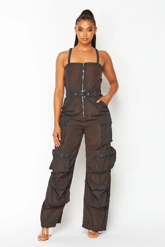 women's chic jumpsuitsGabi Nylon Tank Cargo Pocket Belted Jumpsuit