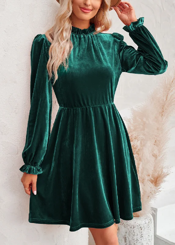 polyester midi dressesChic Blackish Green Ruffled Patchwork Velvet Mid Dress Fall