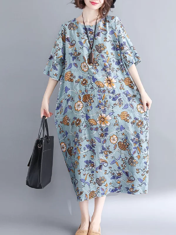 midi dresses for summerWomen's Elegant Floral Mid-length A-Line Dress