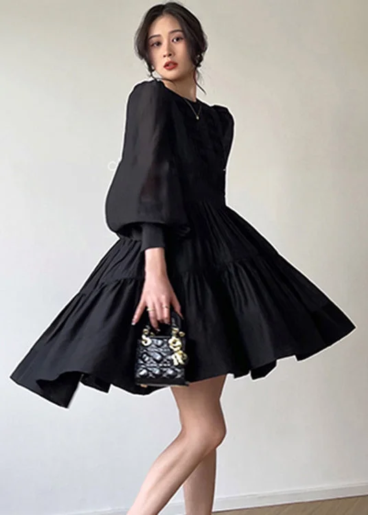 everyday midi dressesElegant Black O-Neck Print Silk Mid Dress Long Sleeve