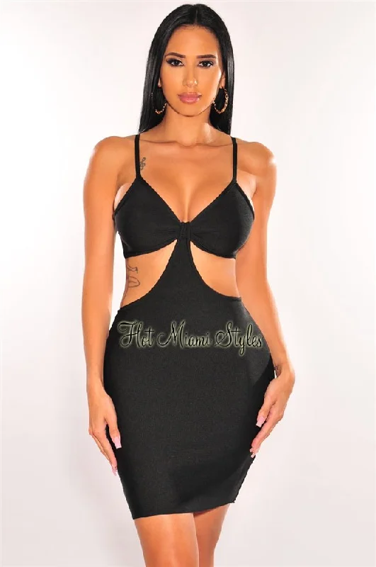 retro Mimi dresses inspired by the 70sBlack Bandage Spaghetti Straps Knotted Cut Out Mini Dress