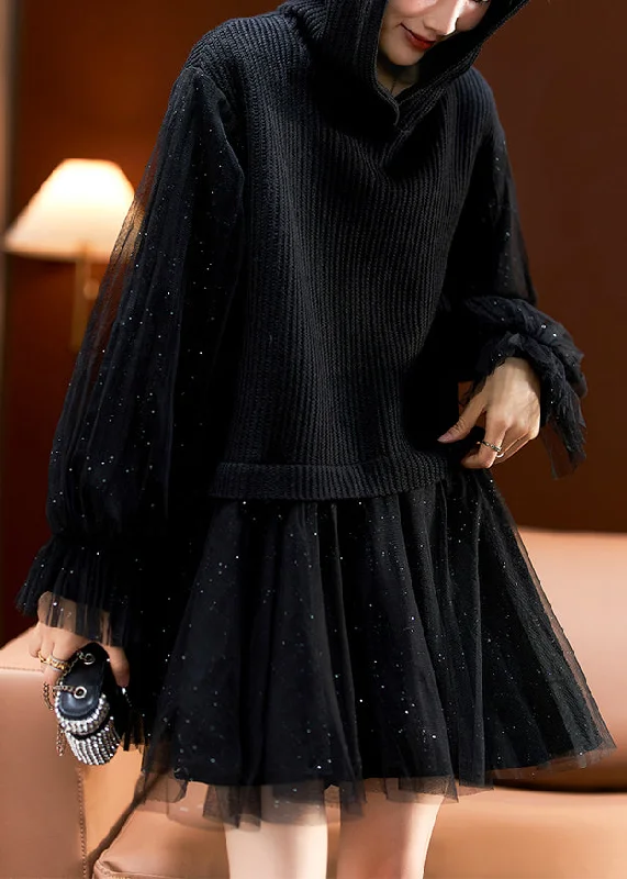 mid-length midi dressesFrench Black Hooded Sequins Tulle Patchwork Knit Mid Dress Long Sleeve