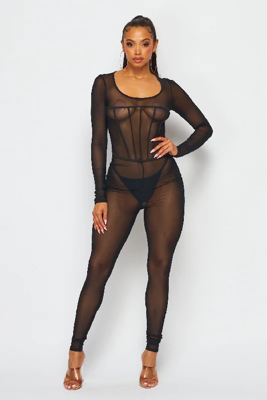 women's ankle-length jumpsuitsKitty Sheer Mesh Long Sleeve Jumpsuit