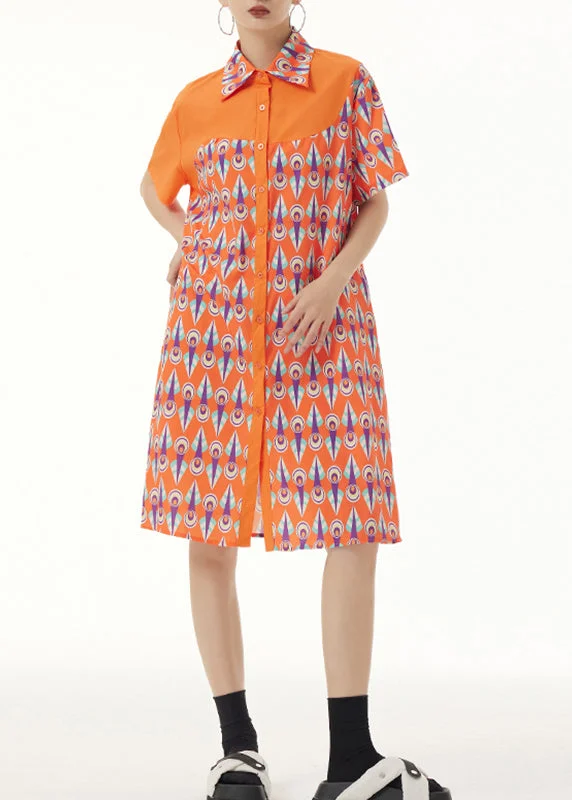 midi cocktail dressesCute Orange Peter Pan Collar Print Button Mid Dresses Short Sleeve