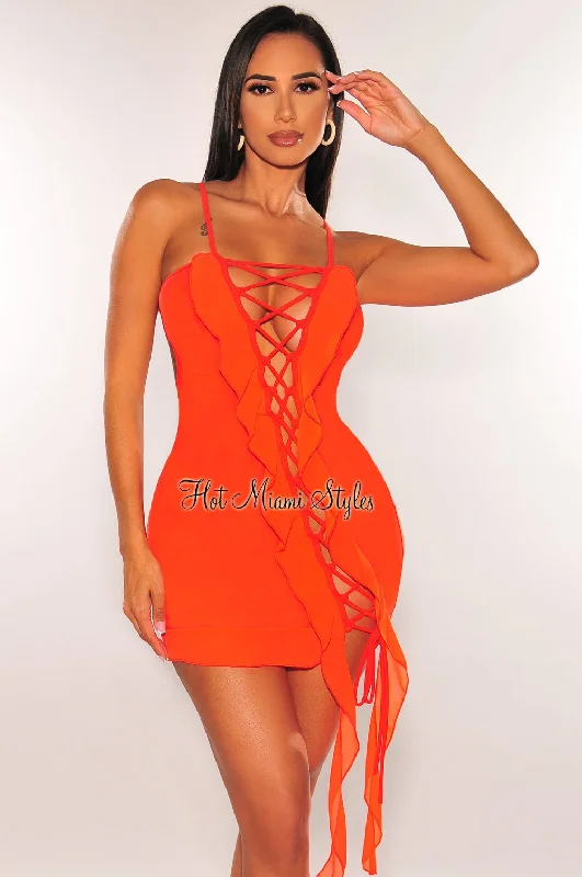 wrap Mimi dresses for an hourglass figureTangerine Spaghetti Straps Lace Up Ruffle Strappy Back Mini Dress