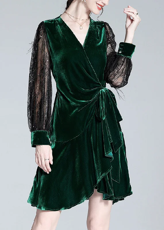 mid-length midi dressesSexy Green V Neck Tulle Patchwork Tie Waist Silk Velour Holiday Mid Dress Spring