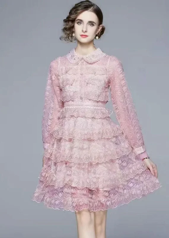 midi ballerina dressesElegant Pink Peter Pan Collar Ruffles Patchwork Mid Dress Long Sleeve