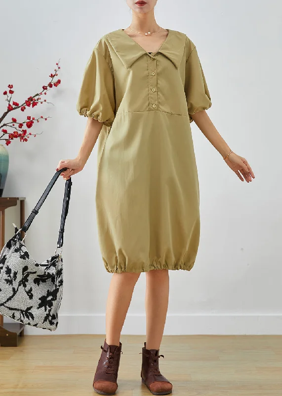 long-sleeved floral midi dressesBoho Khaki V Neck Oversized Cotton Mid Dress Lantern Sleeve