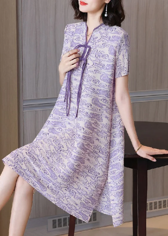 stretch midi dressesPurple Print Elegant Silk Mid Dress Stand Collar Draping Short Sleeve