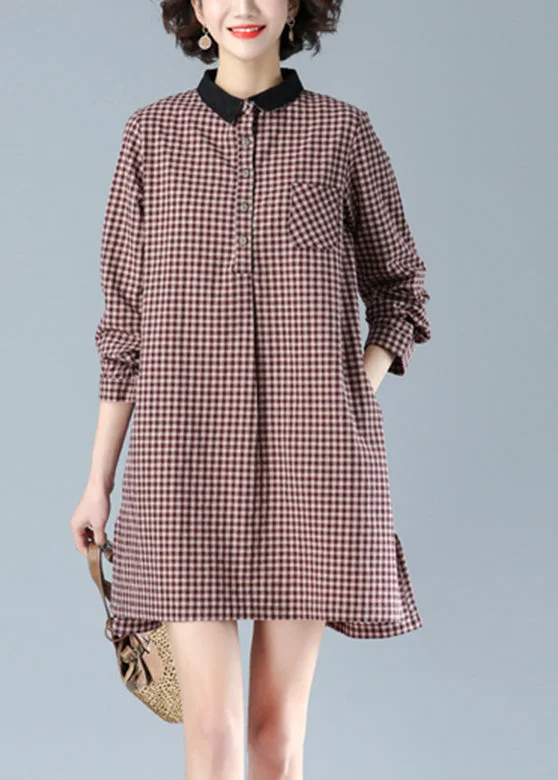 women's midi dressesRed Plaid Peter Pan Collar Button Cotton Mid Dress Fall