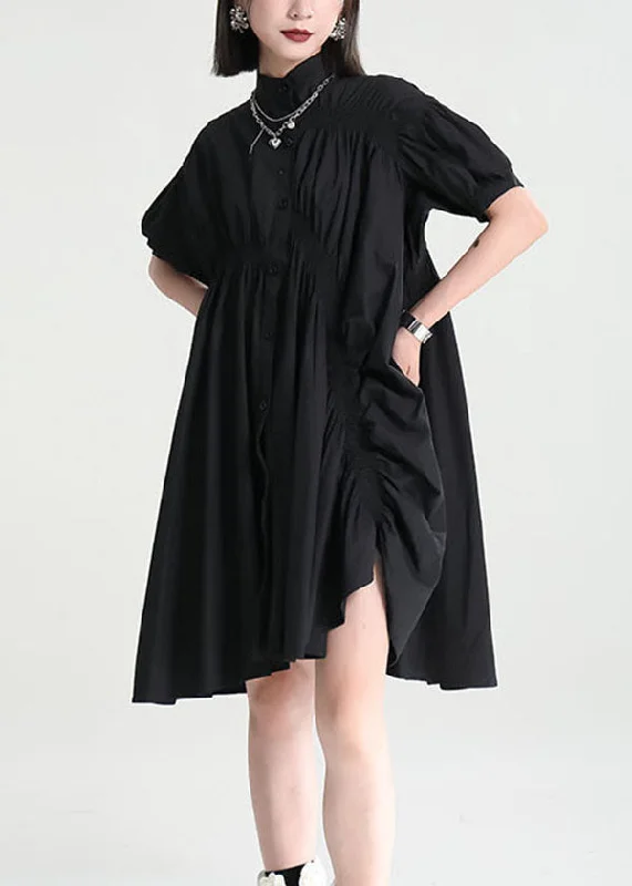 stretchy midi dressesBlack Cotton Mid Dress Exra Large Hem Cinched Applique Short Sleeve