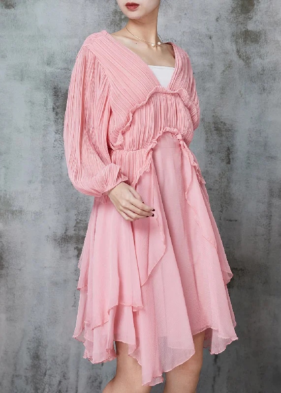 breathable midi dressesWomen Pink Ruffled Wrinkled Chiffon Mid Dress Spring