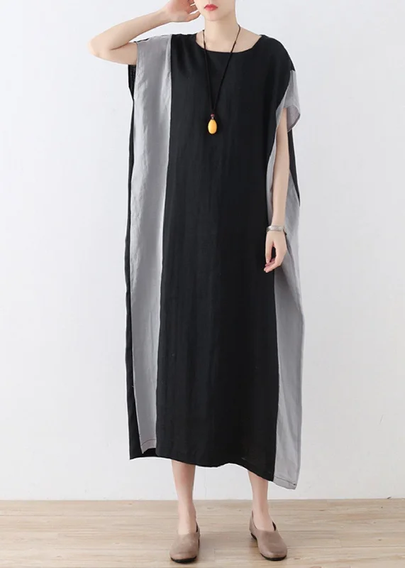 midi dresses in floral printsCasual Black Patchwork Bat wing Sleeve Mid Summer Linen Dress