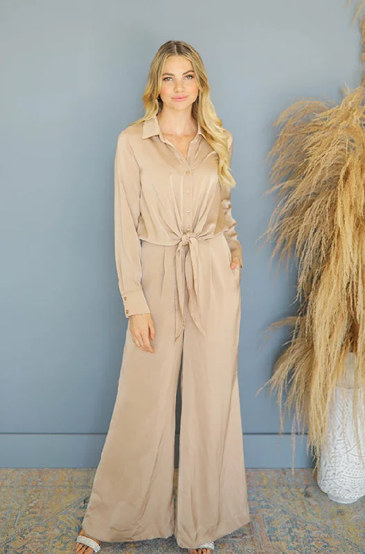 women's jumpsuits with cinched waistsMadeline Taupe Satin Jumpsuit - Nursing Friendly - FINAL SALE