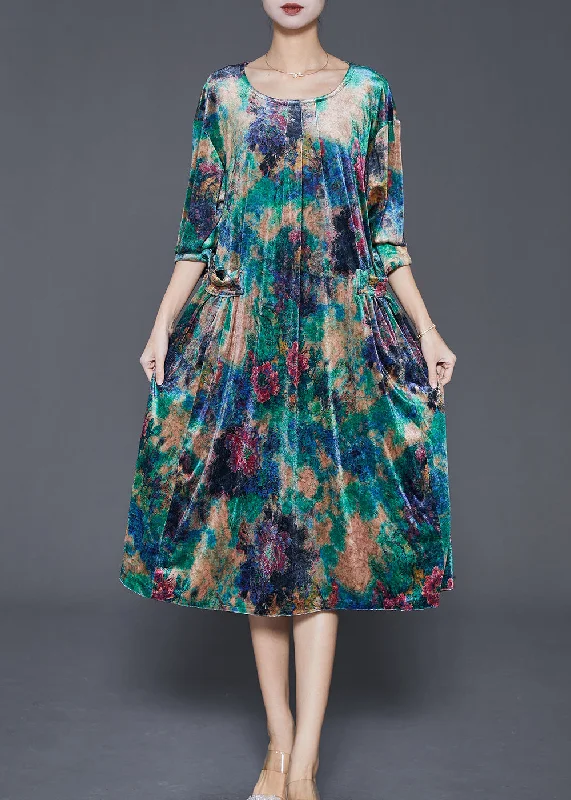 cinched-waist midi dressesDIY Peacock Green Oversized Print Silk Velour Mid Dress Fall