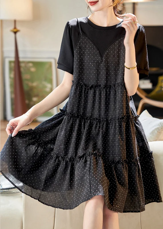 midi dresses with spaghetti strapsUnique Black O-Neck Patchwork Dot Print Fake Two Pieces Chiffon Mid Dresses Summer