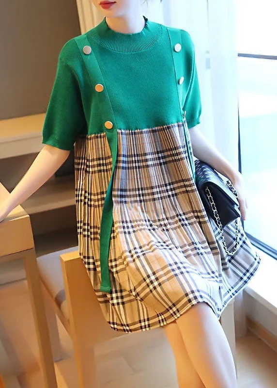 midi wrap dressesPlus Size Green Stand Collar Patchwork Plaid Knit Mid Dresses Summer