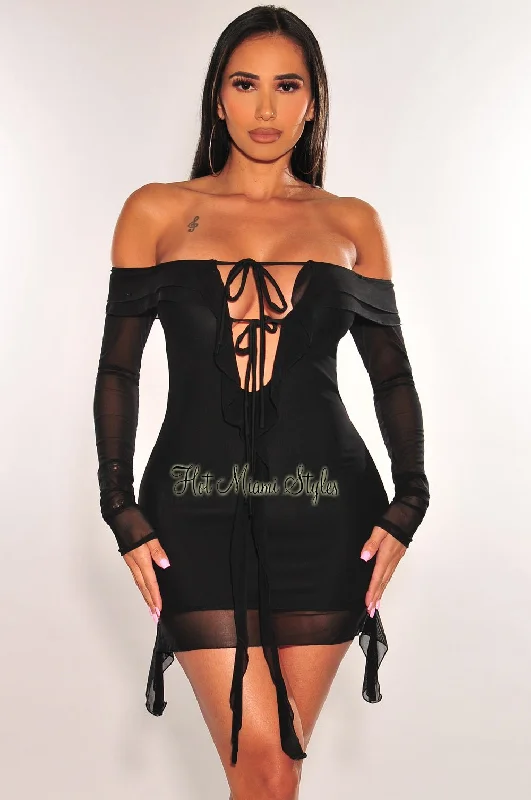 colorful lace Mimi dresses for partiesBlack Mesh Off Shoulder Tie Up Long Sleeve Ruffle Mini Dress