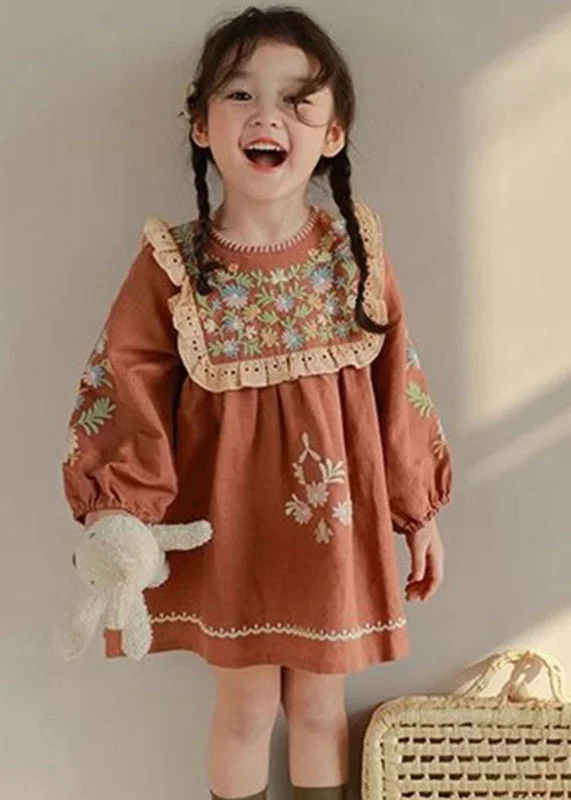 midi sheath dressesDIY Brick Red Embroideried Hollow Out Kids Mid Dress Fall