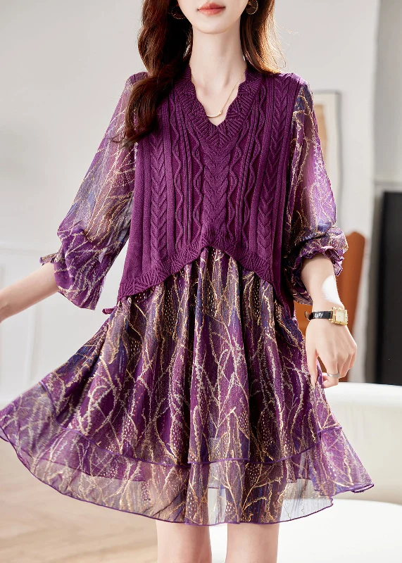 floral lace midi dressesStyle Purple Knit Patchwork Fake Two Pieces Mid Dresses Bracelet Sleeve