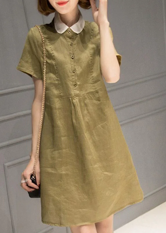 short sleeve midi dressesSimple Blackish Green Peter Pan Collar Button Linen Mid Dress Short Sleeve