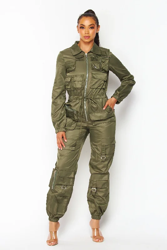 women's elegant jumpsuitsLaura Nylon Cargo Pocket Zip Up Jogger Jumpsuit