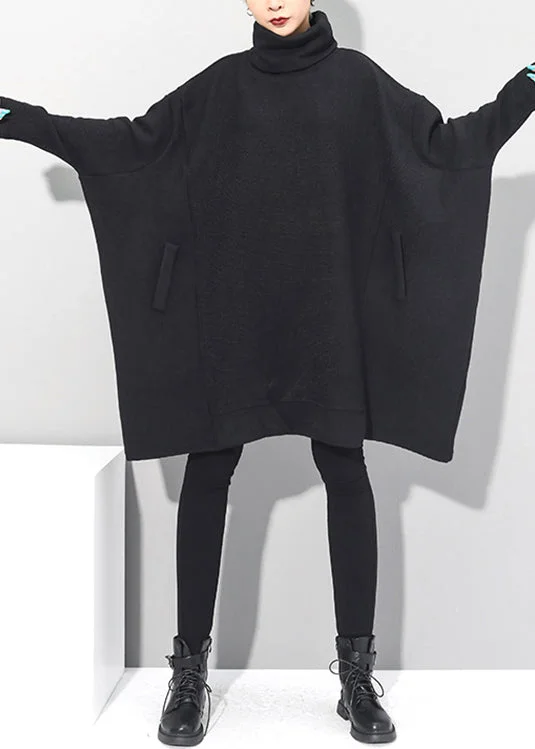 fitted midi dressesCasual Black Turtleneck Knit Mid Dresses Batwing Sleeve