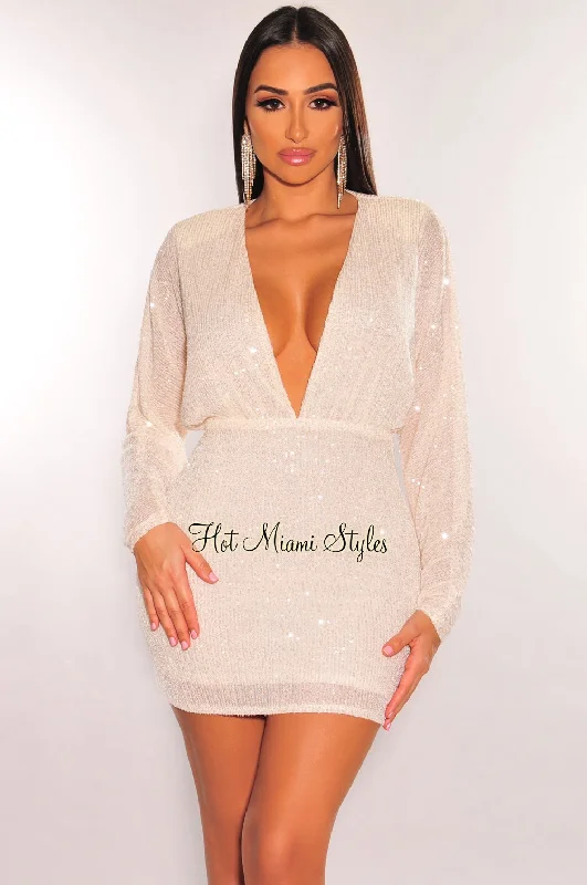 petite lace Mimi dresses for short womenCream Sequins Plunge V Neck Long Sleeve Mini Dress