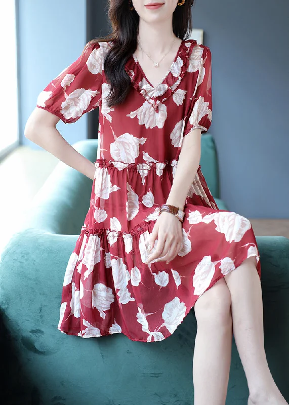 midi dresses with sheer sleevesVogue Red V Neck Print Ruffled Wrinkled Chiffon Mid Dresses Short Sleeve