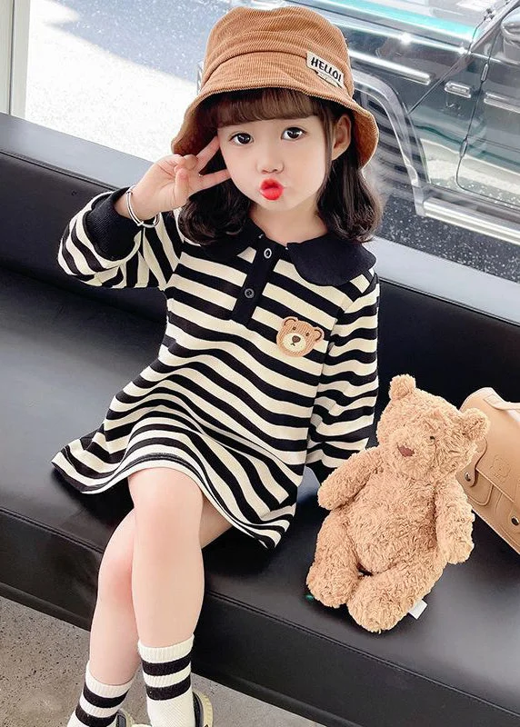 waist-cinching midi dressesCasual Black White Striped Peter Pan Collar Print Kids Mid Dress Fall