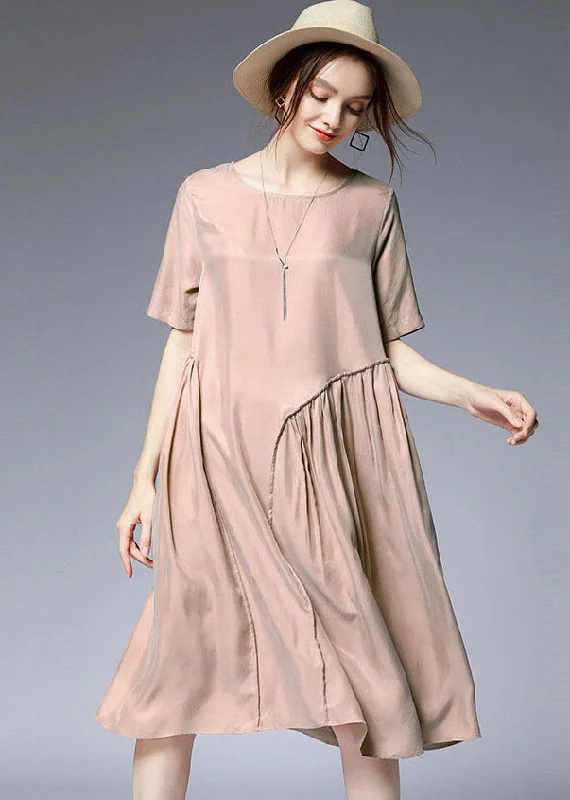 midi dresses for springKhaki Patchwork Silk Mid Dress Wrinkled Solid Color Short Sleeve