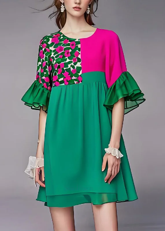 breathable midi dressesStyle Green O Neck Patchwork Chiffon Mid Dress Butterfly Sleeve