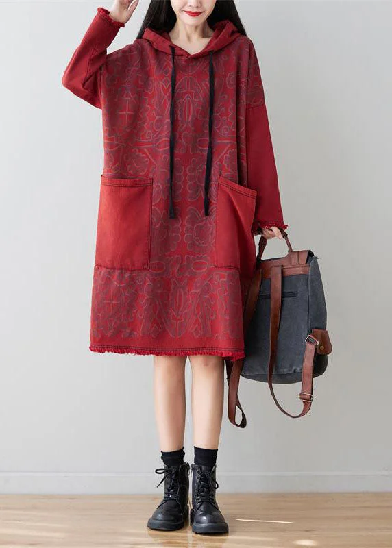 lightweight midi dressesItalian Red Hooded Patchwork Denim Mid Dress Spring