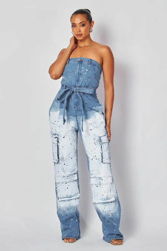 women's jumpsuits for machine-washable fabricsInes Belted Cargo Sleeveless Denim Tube Jumpsuit