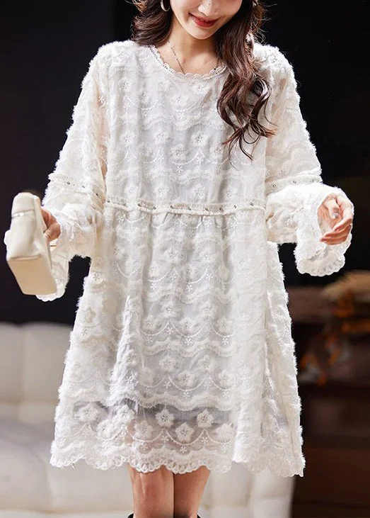 high-slit midi dressesLoose White Solid Embroideried Nail Bead Lace Mid Dress Spring