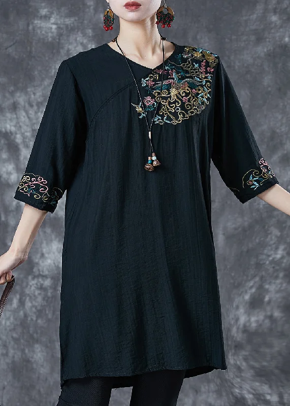 midi cocktail dressesBlack Linen Mid Dresses Embroidered Half Sleeve