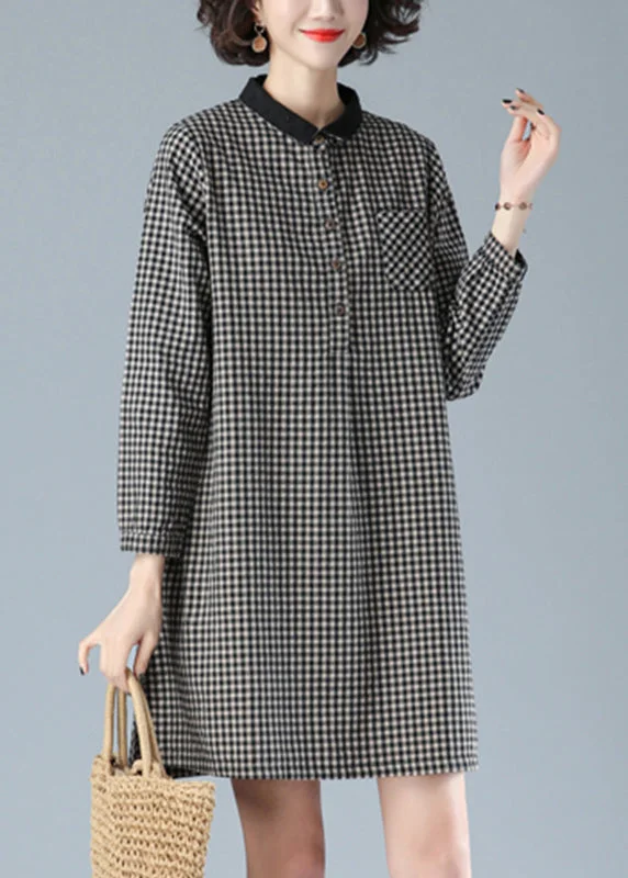 work-appropriate midi dressesArt Black Plaid Peter Pan Collar Button Cotton Mid Dress Fall