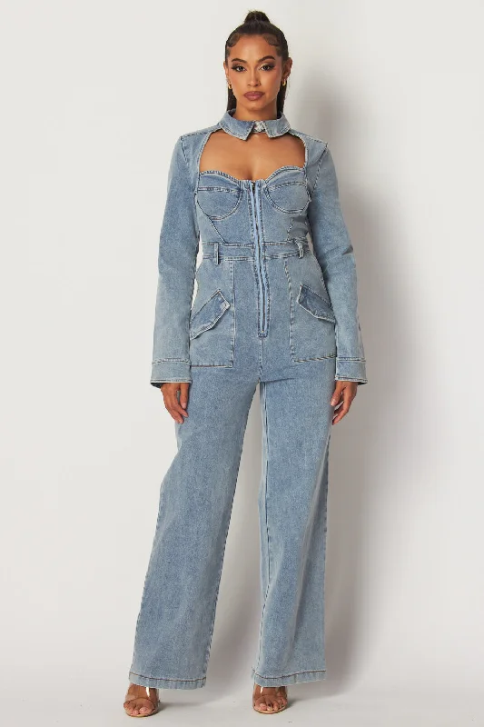 women's jumpsuits for minimalist fashionKatarina Collared Denim Long Sleeve Jumpsuit