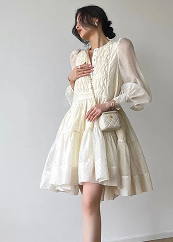 work-appropriate midi dressesBeige O-Neck Button Silk Mid Dresses Long Sleeve